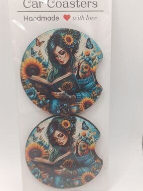 Sunflower Reader Round Car Coaster Set - Teal & Yellow